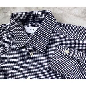 Eton XL Button Up Dress Shirt Blue White Gingham Long Sleeve Cotton